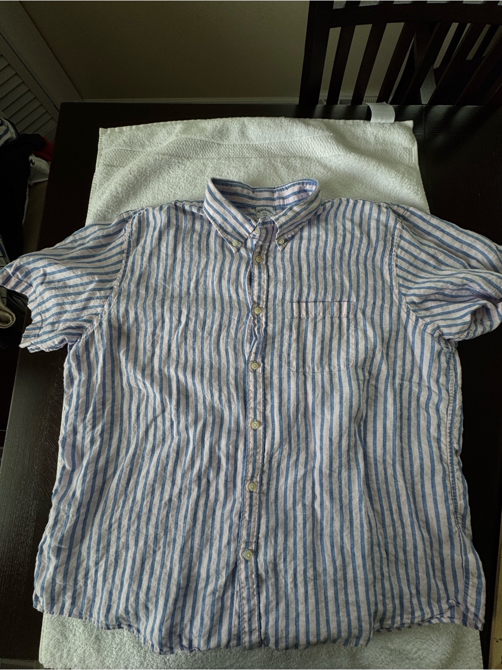Brooks Brothers Men’s Linen Short Sleeve Button-Up Shirt, Pink w/ Blue, XXL